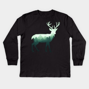 Dramabite Deer Stag Elk Double Exposure Surreal Wildlife Animal Kids Long Sleeve T-Shirt